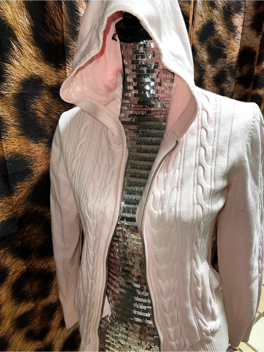 Tommy Hilfiger Light Pink Cable Knit Hooded Sweater
